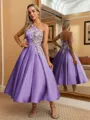 Perfect Ball-Gown One-Shoulder Flower Tea-Length Satin Homecoming Dress