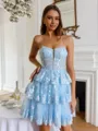 Graceful A-line Spaghetti Straps Appliques Lace Short/Mini Tulle Corset Homecoming Dress