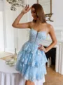 Graceful A-line Spaghetti Straps Appliques Lace Short/Mini Tulle Corset Homecoming Dress