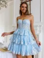 Graceful A-line Spaghetti Straps Appliques Lace Short/Mini Tulle Corset Homecoming Dress