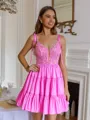 Extravagant A-line V-Neck Appliques Lace Short/Mini Taffeta Corset Homecoming Dress