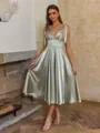 Trendy A-line V-Neck Bow Tea-Length Silk Like Satin Homecoming Dress