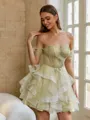 Glamorous Ball-Gown Off-the-Shoulder Short Sleeves Beading Short/Mini Tulle Corset Homecoming Dress