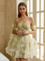 Glamorous Ball-Gown Off-the-Shoulder Short Sleeves Beading Short/Mini Tulle Corset Homecoming Dress