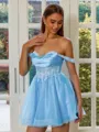 Exquisite A-line Off-the-Shoulder Appliques Lace Short/Mini Tulle Corset Homecoming Dress
