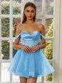Exquisite A-line Off-the-Shoulder Appliques Lace Short/Mini Tulle Corset Homecoming Dress