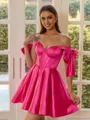 Captivating A-line Off-the-Shoulder Bow Short/Mini Silk Like Satin Corset Homecoming Dress