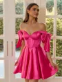 Captivating A-line Off-the-Shoulder Bow Short/Mini Silk Like Satin Corset Homecoming Dress