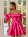 Captivating A-line Off-the-Shoulder Bow Short/Mini Silk Like Satin Corset Homecoming Dress
