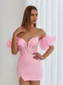 Unforgettable Sheath Spaghetti Straps Short Sleeves Appliques Lace Short/Mini Corset Homecoming Dress
