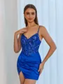Exquisite Sheath V-Neck Appliques Lace Short/Mini Silk Like Satin Corset Homecoming Dress