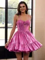 Gorgeous A-line Spaghetti Straps Flower Short/Mini Metallic Satin Corset Homecoming Dress