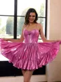 Gorgeous A-line Spaghetti Straps Flower Short/Mini Metallic Satin Corset Homecoming Dress