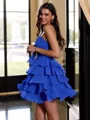 Captivating A-line Sweetheart Cascading Ruffles Short/Mini Chiffon Corset Homecoming Dress