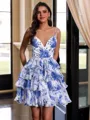 Aristocratic A-line V-Neck Cascading Ruffles Short/Mini Chiffon Homecoming Dress