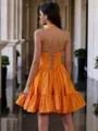 Breathtaking A-line Halter Rhinestone Short/Mini Taffeta Corset Homecoming Dress