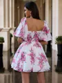 Gorgeous A-line Sweetheart 1/2 Sleeves Pleated Short/Mini Chiffon Corset Homecoming Dress