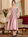 Tasteful A-Line Satin Applique Off-the-Shoulder Sleeveless Tea-Length Mother of the Bride Dress