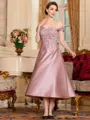 Tasteful A-Line Satin Applique Off-the-Shoulder Sleeveless Tea-Length Mother of the Bride Dress