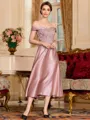 Tasteful A-Line Satin Applique Off-the-Shoulder Sleeveless Tea-Length Mother of the Bride Dress