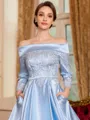 Radiant A-Line Silk like Satin Ruched Off-the-Shoulder Long Sleeves Tea-Length Mother of the Bride Dress