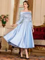 Radiant A-Line Silk like Satin Ruched Off-the-Shoulder Long Sleeves Tea-Length Mother of the Bride Dress