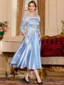Radiant A-Line Silk like Satin Ruched Off-the-Shoulder Long Sleeves Tea-Length Mother of the Bride Dress