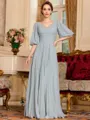 Elegant A-Line Chiffon Ruched V-Neck 1/2 Sleeves Floor-Length Mother of the Bride Dress