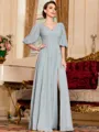 Elegant A-Line Chiffon Ruched V-Neck 1/2 Sleeves Floor-Length Mother of the Bride Dress