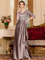 Graceful A-Line Satin Lace V-Neck 3/4 Sleeves Sweep Train Mother of the Bride Dress