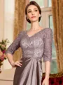 Graceful A-Line Satin Lace V-Neck 3/4 Sleeves Sweep Train Mother of the Bride Dress