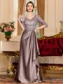 Graceful A-Line Satin Lace V-Neck 3/4 Sleeves Sweep Train Mother of the Bride Dress