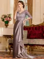 Graceful A-Line Satin Lace V-Neck 3/4 Sleeves Sweep Train Mother of the Bride Dress