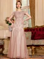 Classy A-Line Tulle Lace Scoop Short Sleeves Floor-Length Mother of the Bride Dress