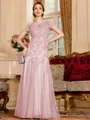 Classy A-Line Tulle Lace Scoop Short Sleeves Floor-Length Mother of the Bride Dress