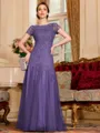 Classy A-Line Tulle Lace Scoop Short Sleeves Floor-Length Mother of the Bride Dress