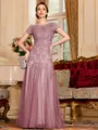 Classy A-Line Tulle Lace Scoop Short Sleeves Floor-Length Mother of the Bride Dress