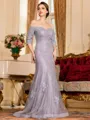 Refined Sheath Lace Applique Off-the-Shoulder 3/4 Sleeves Sweep Train Mother of the Bride Dress