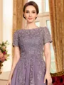 Polished A-Line Chiffon Lace Scoop Short Sleeves Tea-Length Mother of the Bride Dress
