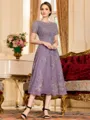 Polished A-Line Chiffon Lace Scoop Short Sleeves Tea-Length Mother of the Bride Dress
