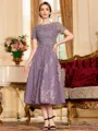 Polished A-Line Chiffon Lace Scoop Short Sleeves Tea-Length Mother of the Bride Dress