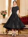 Polished A-Line Chiffon Lace Scoop Short Sleeves Tea-Length Mother of the Bride Dress