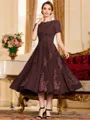 Polished A-Line Chiffon Lace Scoop Short Sleeves Tea-Length Mother of the Bride Dress