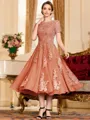 Polished A-Line Chiffon Lace Scoop Short Sleeves Tea-Length Mother of the Bride Dress