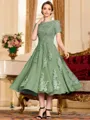 Polished A-Line Chiffon Lace Scoop Short Sleeves Tea-Length Mother of the Bride Dress