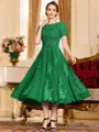 Polished A-Line Chiffon Lace Scoop Short Sleeves Tea-Length Mother of the Bride Dress