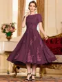 Polished A-Line Chiffon Lace Scoop Short Sleeves Tea-Length Mother of the Bride Dress