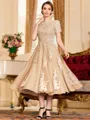 Polished A-Line Chiffon Lace Scoop Short Sleeves Tea-Length Mother of the Bride Dress