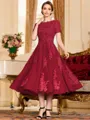 Polished A-Line Chiffon Lace Scoop Short Sleeves Tea-Length Mother of the Bride Dress