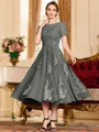 Polished A-Line Chiffon Lace Scoop Short Sleeves Tea-Length Mother of the Bride Dress